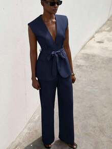 Traje de mujer de unicolor sin mangas, de diseño minimalista y versátil para uso diario - Azul marino - Ver 3