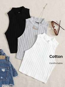 Top de tanque casual sólido de cuello redondo acanalado para el verano - Multicolor 2 - Ver 6