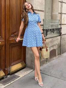Vestido de manga corta elegante y de moda con cintura ceñida para mujer - Azul - Ver 1
