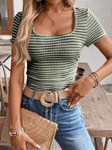Frenchy Camiseta básica simple con bloque de color a rayas y drapeado para mujer - Verde - Ver 3