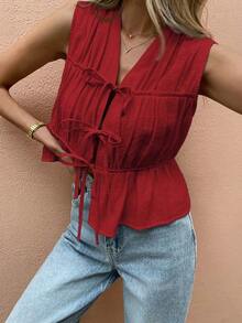Frenchy Camisa informal de mujer sin mangas con botones de unicolor para vacaciones - Rojo - Ver 7