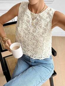 Blusa sin mangas casual y versátil con cuello redondo, decoración de moño y jacquard - Albaricoque - Ver 10