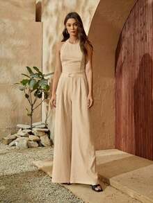 trasero de espalda abierta Top halter & Pantalones de pierna ancha - Caqui - Ver 3