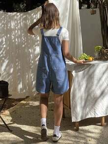 Mono de peto de mezclilla vintage con efecto desgastado para mujer, de corte casual y holgado - Azul - Ver 2