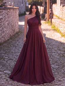 Elegante vestido formal de punto de un solo hombro, diseño plisado largo y elegante, adecuado para dama de honor o eventos formales como bodas - Burdeos - Ver 5