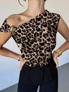 Camiseta asimétrica de hombro con decoración metálica, elegante y casual, adecuada para salir, fiestas y otras ocasiones/Otoño para mujeres/Disfraz de Halloween para mujeres/Camiseta roja de Navidad/Parte superior de fiesta de Año Nuevo/Elegantes - Blanco - Ver 6