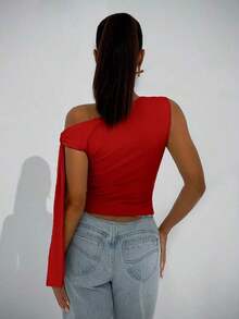 Elegante blusa de mujer con hombros asimétricos y cuello con lazo, adecuada para citas casuales, fiestas nocturnas, uso diario, otoño - Rojo - Ver 2