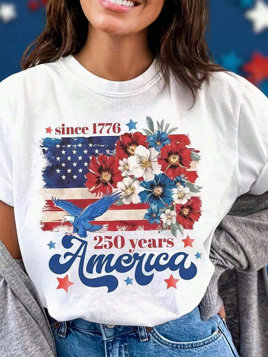 Camiseta Casual para Mujer con Estampado Floral de la Bandera del 250º Aniversario de la Independencia Americana - Cuello Redondo, Ropa de Mujer a la Moda, Ligera y Transpirable, Atuendo de Vacaciones para Mujer, Ropa de Verano para Mujer - Blanco - Ver 1