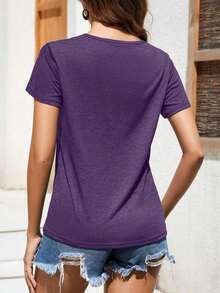 Camiseta de mujer de manga corta con cuello en V con estampado de corazón y leopardo - Morado - Ver 2