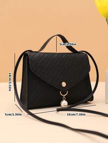 Solid Color Grass Texture Pearl Pendant Crossbody Handbag - Black - View 2