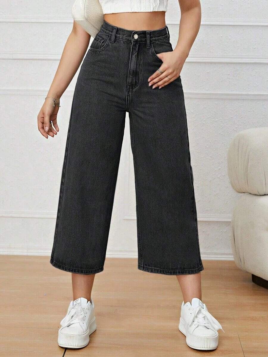 Jeans de pierna ancha recortado - Negro - Ver 1