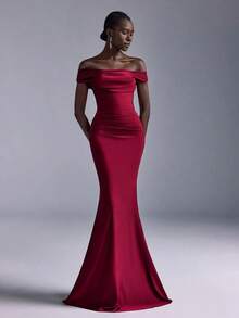 Vestido de sirena con hombros descubiertos y drapeado elegante, adecuado para bodas, fiestas, vacaciones, bailes de graduación, dama de honor (adulto) - Burdeos - Ver 7