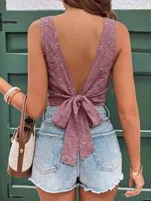 Frenchy Blusa sin espalda y sin mangas con estampado jacquard para vacaciones de verano, ropa de vuelta al colegio, atuendos de maestros, moda, vestidos de mujer de verano, estilo de dinero antiguo, vestidos blancos de mujer, vestidos casuales de mujer, ropa para el 4 de julio, blusas de mujer, tops sin mangas - Rosa vieja - Ver 6