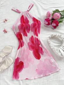 Vestido mini plisado con estampado floral y cuello de halter para mujer, silueta ajustada, ideal para vacaciones, citas, té de tarde, vacaciones, festivales de música, estilo bohemio, primavera/verano - Multicolor - Ver 1