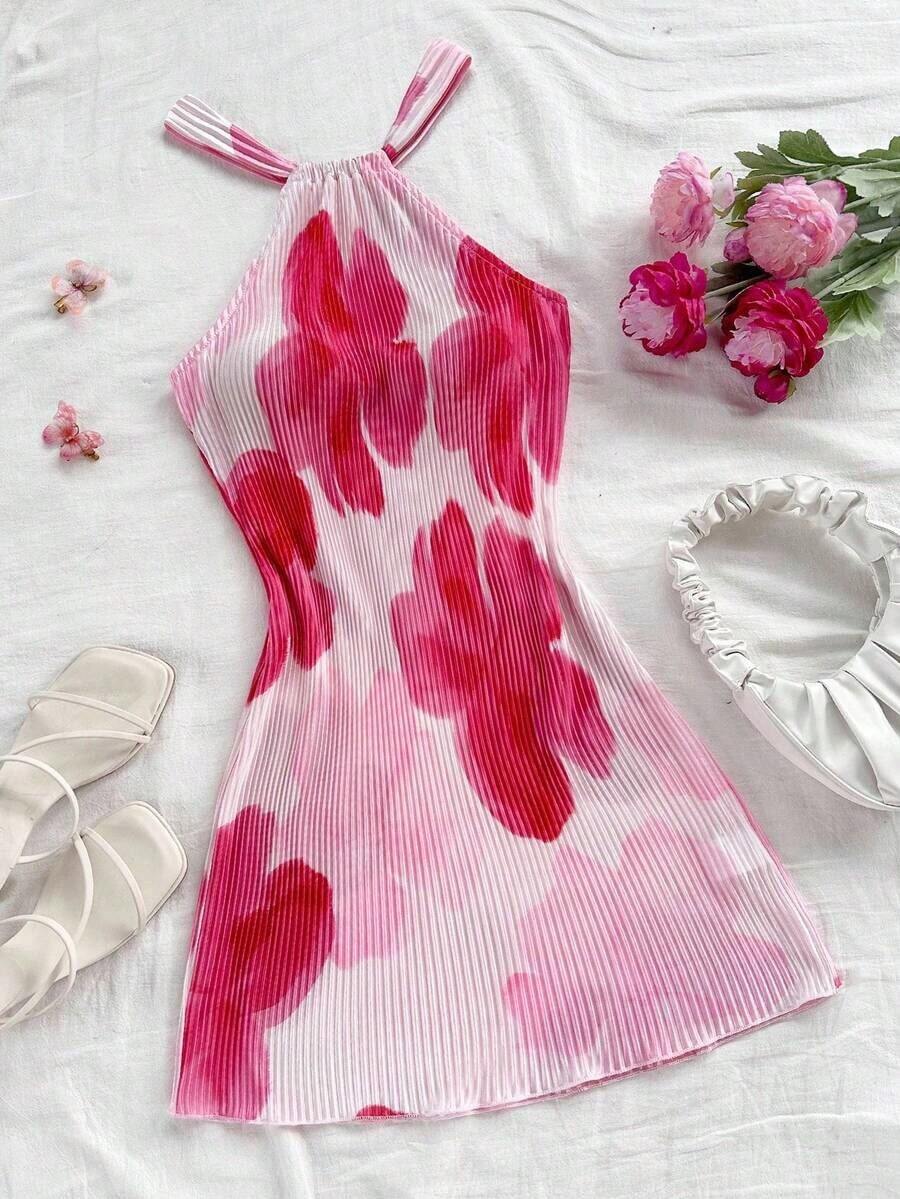Vestido mini plisado con estampado floral y cuello de halter para mujer, silueta ajustada, ideal para vacaciones, citas, té de tarde, vacaciones, festivales de música, estilo bohemio, primavera/verano - Multicolor - Ver 1