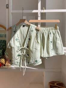 Conjunto de 2 piezas de estilo bohemio y veraniego con estampado floral blanco tejido - Verde - Ver 5