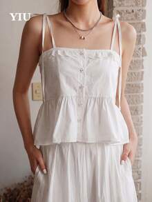 Elegant Women's White Non-Stretch Camisole Tank Top With Ruffle Trim And Pleated Hem Design, Suitable For Daily Wear And Vacation - White - View 1