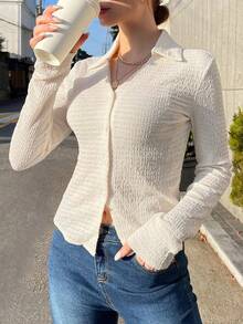 Camisa con botones delanteros sólidos, blusas de manga larga, ropa de otoño, blusas con estilo preppy - Beis - Ver 9