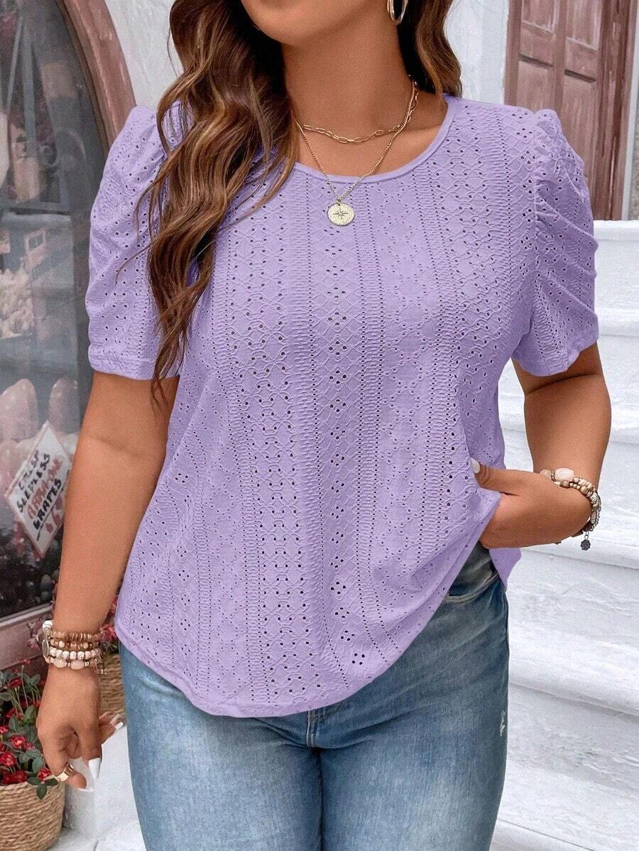 Camiseta con bordado con ojal de manga farol - Lila Púrpura - Ver 1