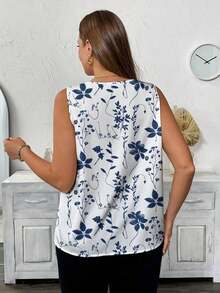 Blusa sin mangas con cuello en V y estampado floral para mujer talla grande, Camisa casual con cuello en V y estampado floral para mujer talla grande - Multicolor 2 - Ver 2