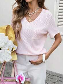 Camiseta de mujer cómoda de algodón, informal, con bolsillo, cuello en V, versátil y de moda - Rosa - Ver 5