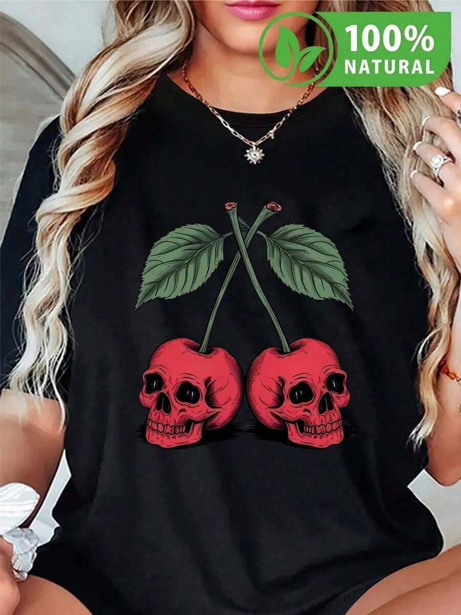 Urban Fashion T-Shirt With Exclusive Cherry Skull Design, Alternative Rock Style For Young And Rebellious Women In Mexico 2023, Ideal To Wear At Concerts And Casual Events, Unique Style, Print Your Personality With Bold Attitude, Mix Of Vibrant Colors And Daring Theme - 黑色 - 查看 1