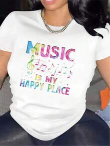 Women's Black T-Shirt, 100% Cotton, Colorful Music Design - "Music Is My Happy Place" Pattern, Short Sleeve, Round Neck, Stretch Polyester Fabric, Suitable For Gifting To Family, In Restaurants Or Music Enthusiasts, Music T-Shirt. - 白色 - 查看 1