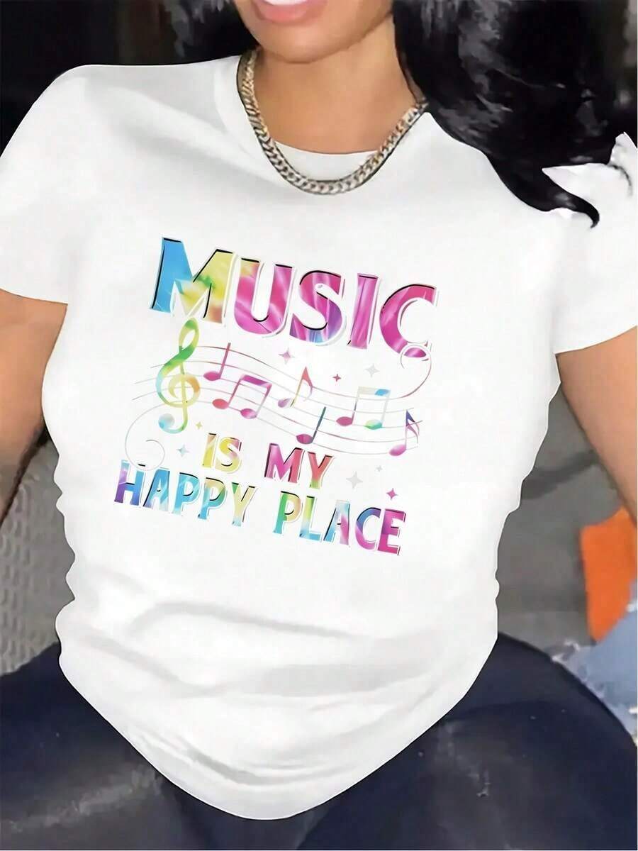 Women's Black T-Shirt, 100% Cotton, Colorful Music Design - "Music Is My Happy Place" Pattern, Short Sleeve, Round Neck, Stretch Polyester Fabric, Suitable For Gifting To Family, In Restaurants Or Music Enthusiasts, Music T-Shirt. - 白色 - 查看 1