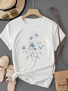 ¡Oferta por tiempo limitado, unidades limitadas,  relámpago! Camisas casuales para mujer, camisetas de poliéster para mujer, camisas elegantes.T-shirt à manches courtes pour femmes,Estampado floral - Blanco - Ver 7