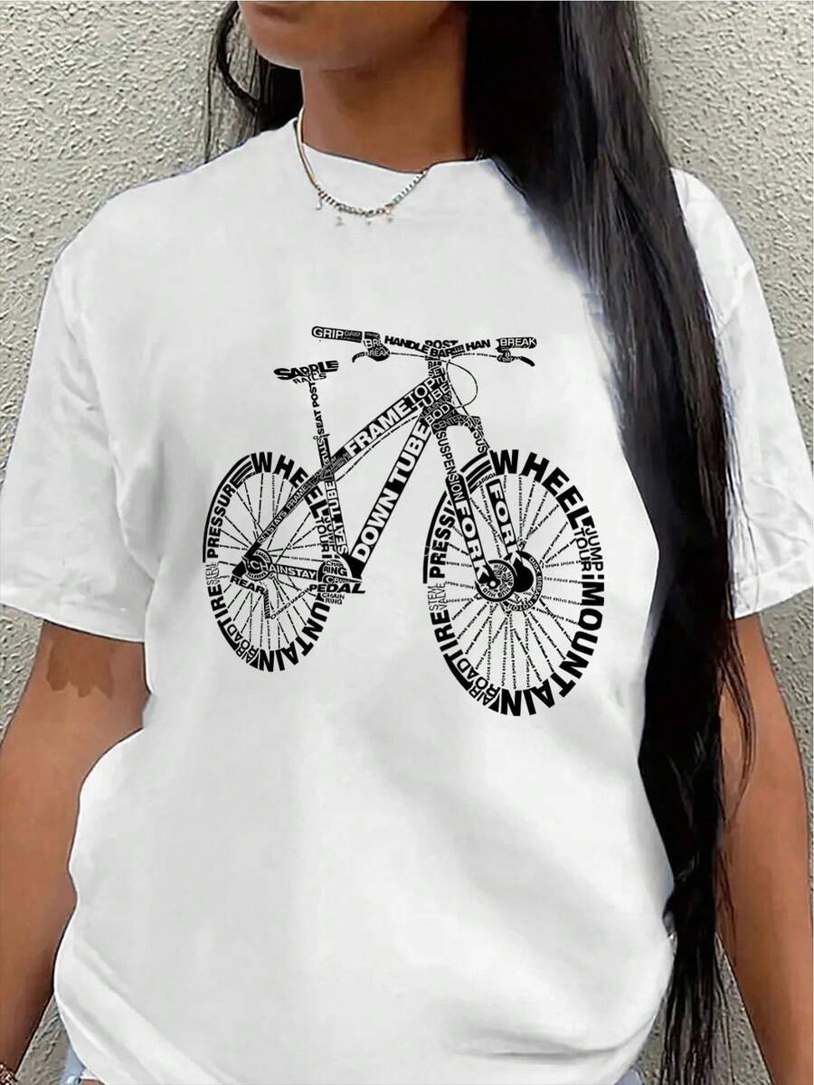 Lightweight And Durable Short-Sleeved Polyester T-Shirt With A Mountain Bike Design, Suitable For Outdoor Activities, Perfect For Casual Wear By Cycling Enthusiasts. - White - View 1