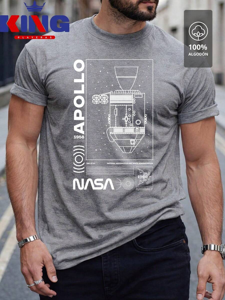 Men's T-Shirt Made Of 100% High-Quality Cotton, This T-Shirt Guarantees Exceptional Softness To The Touch, Round Neck With "NASA WHITE Apollo Mission Diagram" Print On The Front - 深灰色 - 查看 1