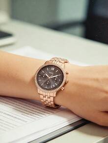 玫瑰金不鏽鋼計時碼錶，Fossil ES5218 36mm 棕色珍珠母貝錶盤女款奢華防水 50m 手錶 - 灰色+玫瑰金 - 查看 4