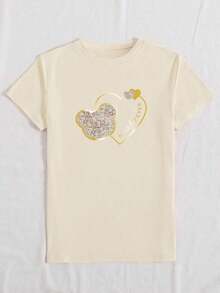 Women's Graphic Print Short-Sleeve T-Shirt With Round Neck And Faux Pearls, Casual Summer Top, Graphic Tees For Women. - 杏色 - 查看 3