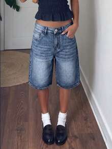 Retro Sweet Design Loose Casual 5-Inch Denim Shorts For Women - Dark Wash - View 6