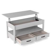 GOFLAME Farmhouse Lift Top Coffee Table Rectangular Center Table For Living Room Accent Table With Open Shelf & 2 Drawers - Light Grey - View 8