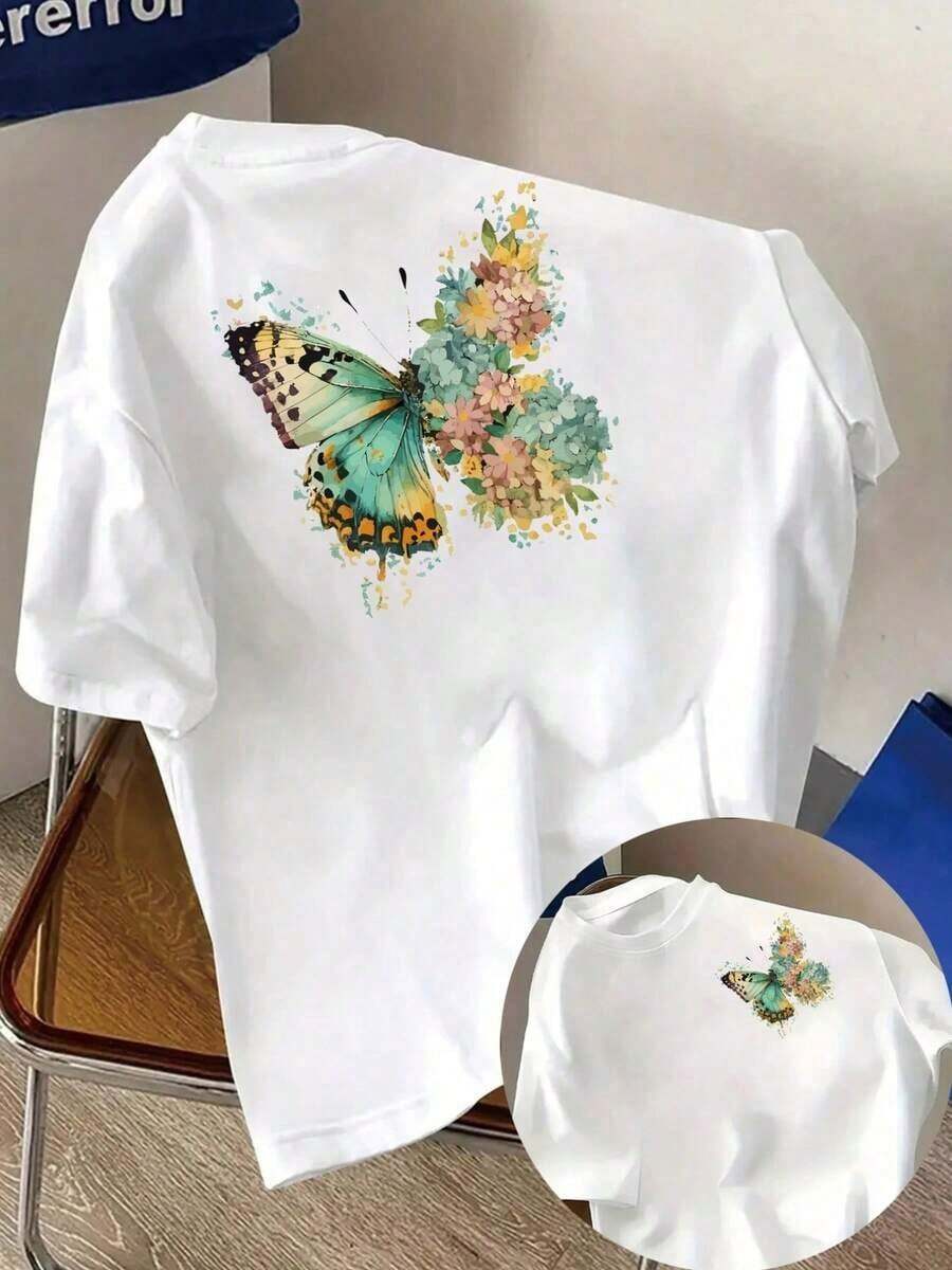 Under The RadarCamiseta estampada por delante y por detrás, con diseño de mariposas y flores, patrón de belleza natural, cuello redondo, manga corta informal para mujer, ajuste cómodo, diseño clásico, artículo de moda, top estampado de doble cara para mujer 2026. Camiseta unisex de algodón holgada de manga corta y cuello redondo estilo vintage urbano - Blanco - Ver 1