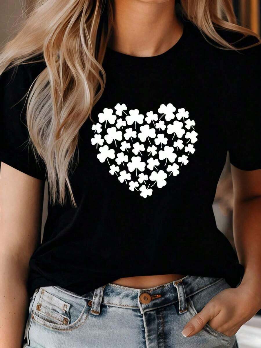 Women's Casual T-Shirts For St. Patrick's Day, With Irish Shamrock Print, Cute Short Sleeve T-Shirts With Shamrock Graphic, 2026 St. Patrick's Day Fashion - 黑色 - 查看 1