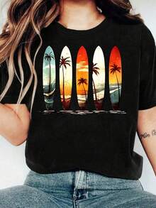 Camiseta de manga corta casual para mujer, estampado de tabla de surf y palmera, ajuste cómodo, conjuntos a juego para hermanas, imprescindible para salir, camiseta de mujer, estilo primavera y verano. - Negro - Ver 1
