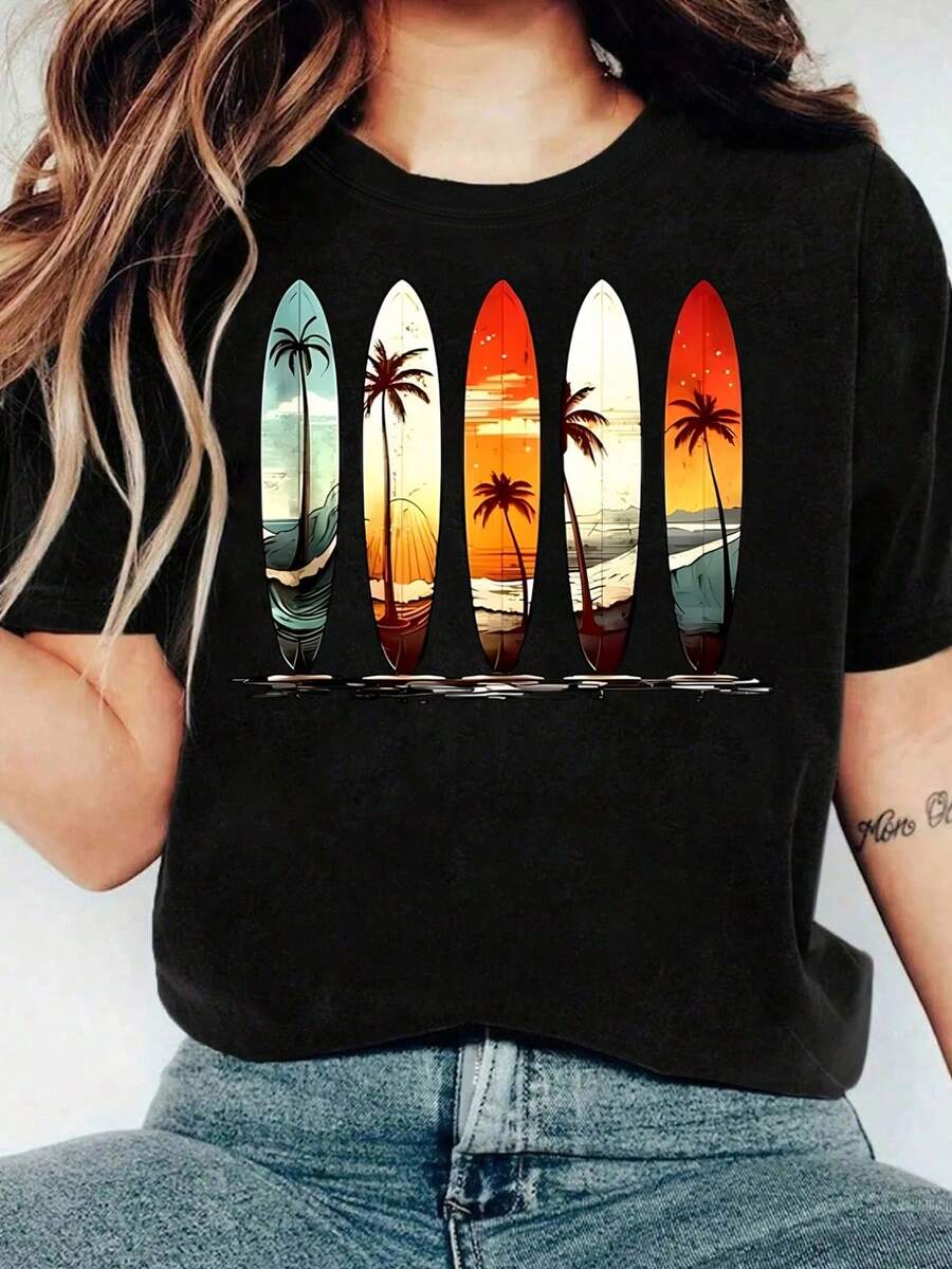Camiseta de manga corta casual para mujer, estampado de tabla de surf y palmera, ajuste cómodo, conjuntos a juego para hermanas, imprescindible para salir, camiseta de mujer, estilo primavera y verano. - Negro - Ver 1