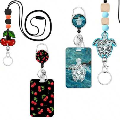 1 Set (Badge Clip + Card Holder + Lanyard) Cute Versatile Turtle Pattern ID Badge Clip, Retractable Nurse Badge Reel With Acrylic Beaded Keychain Lanyard, Detachable Neck Strap Clip With Card Holder, Suitable For Doctors, Nurses, Teachers, Workers, Interns, Office Staff, Holiday Gift