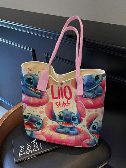  Bolso de tela tipo tote con estampado de Stitch de Disney, adecuado para compras diarias de mujeres, reuniones, salir con amigos, bolso de lona japonés, bolso de gran capacidad para ir y venir, bolso casual unisex tipo tote para la temporada de regreso a clases