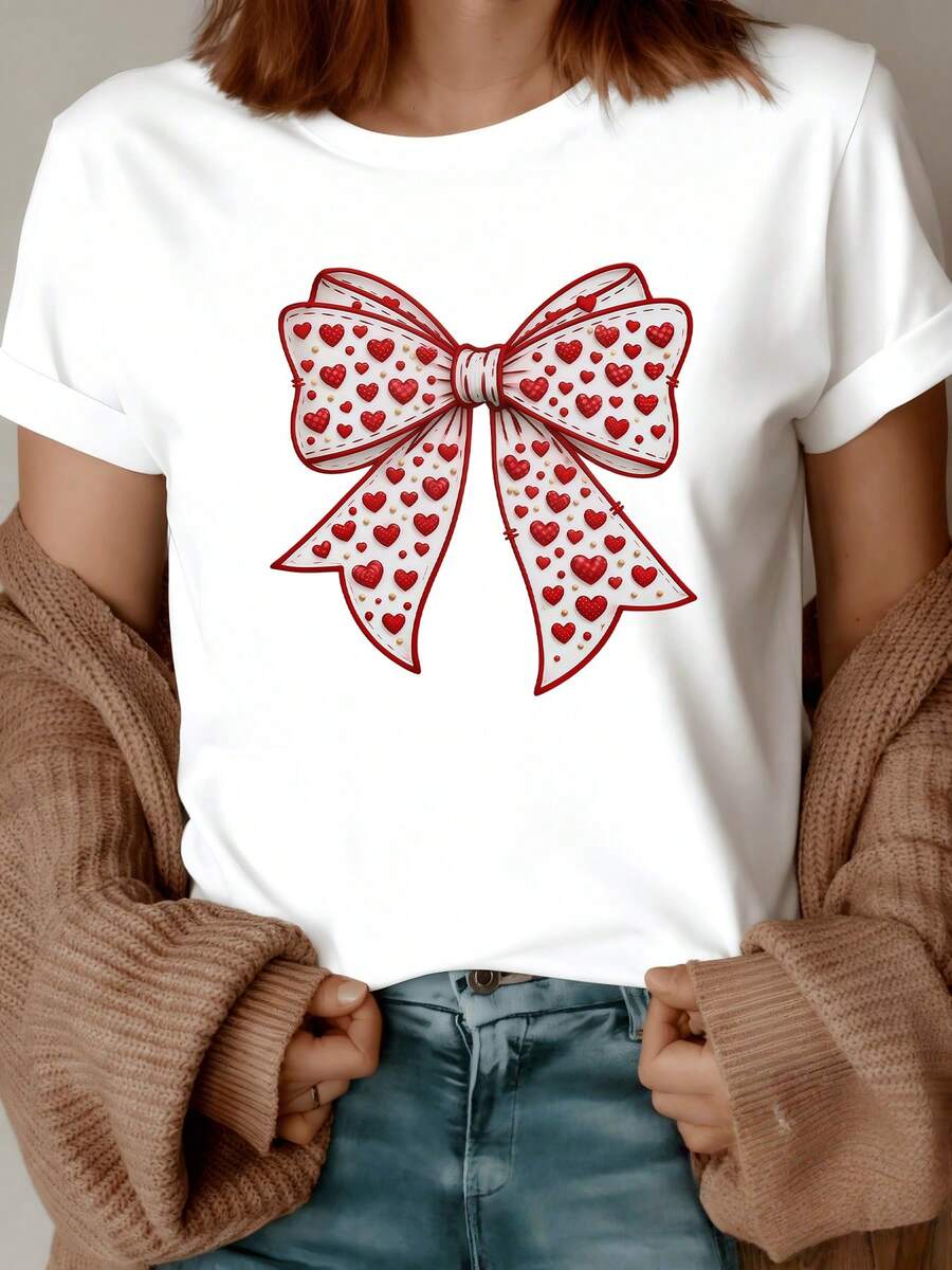 Lazo grande formado por corazones rojos simbolizando ternura afecto y alegría ideal para expresar amor cotidiano camiseta de mujer moderna casual cómoda para uso diario elegante y llamativa - Blanco - Ver 1