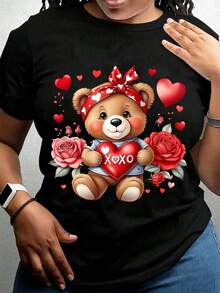 Camiseta de algodón puro para mujer con diseño de oso sosteniendo corazón, estampado de rosas y corazones, diseño de dibujos animados lindo, cuello redondo, suave, cómoda, tela elástica para uso diario en todas las estaciones, regalo de San Valentín para familiares o seres queridos, regalo esencial para las fiestas - Estilo vintage urbano, unisex, holgada, de algodón, manga corta, cuello redondo, blusas para mujer. blusas.blusas casuales para dama.Impresión de osos cariñosos.Camiseta estampada Impresión de osos cariñosos. - Negro - Ver 1