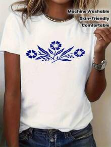 Cozy Comfy Lounge, camiseta de manga corta de cuello redondo para mujer, de corte holgado, con una base blanca sencilla y un estampado floral azul, cómoda y agradable al tacto, lavable a máquina, disponible en corte holgado. Ropa de hogar suave y relajada. - Negro - Ver 6