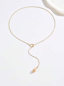1pc Women's Minimalist Y-Shaped Necklace, Fashion Creative Geometric Waterdrop Pendant, Round Snake Metal Chain, Adjustable Long Necklace, Sweater Chain, Versatile Daily Accessory - Golden - View 3