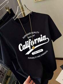 1 Piece Of Cotton English Print Mid-Length Short Sleeve T-Shirt, White, Women's Top, Elegant Graphic Print, 180g, 100% Cotton. - 黑色 - 查看 9