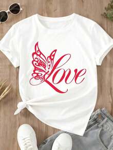 Camiseta con Estampado de Mariposas para Mujer, Cuello Redondo, Manga Corta, Blanca, Estilo Casual, Camiseta de Moda para Uso Diario, 100% Algodón - Blanco - Ver 2