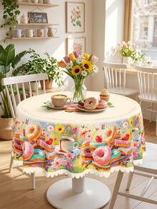 1 Piece Of Colorful Donut And Coffee Printed Tablecloth, Sweet Pastry Style Polyester Oval Tablecloth With Hot Edges, Washable And Wrinkle Resistant Tablecloth, Suitable For Kitchen And Dining Rooms, Tea Parties, Birthday Celebrations, Bridal Showers, Summer Kitchen Supplies, And Home Dining Table Decoration. - Multicolor - View 20