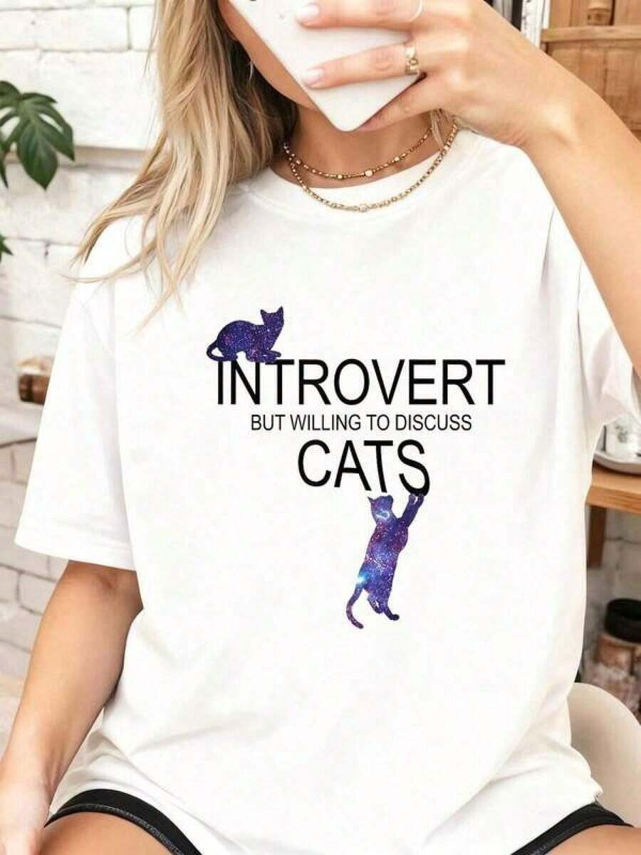 100% Algodón Puro, Introvertido Pero Dispuesto A Hablar de Gatos, Camisetas Divertidas, Camiseta Estampada Divertida Para Mujer MDHZ, Adecuada como regalo. playera de mujer. blusas>elegantes. boho chic,Top de mujer suave, transpirable y cómodo, ideal para primavera, verano y otoño, perfecto para vacaciones, viajes y uso diario. - Blanco - Ver 1