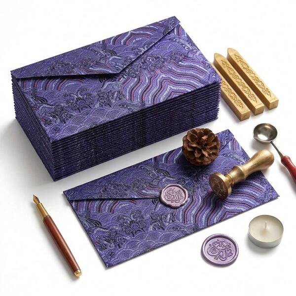 10pcs 22x11cm Chinese Style Luxury Brocade Fabric Envelopes, Horizontal Rectangular Shape, Vintage Palace Pattern With Purple Tone Waves & Clouds, Foil Stamped Letter Wax Seal, Suitable For Wedding Invitations, Business Gifts, Birthday Cards, Traditional Style Stationery, Holiday Presents